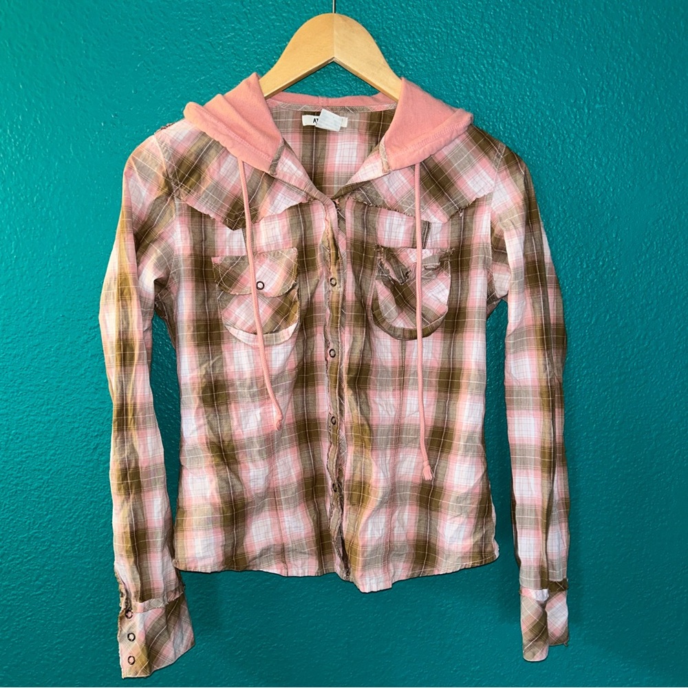 At last girls, size medium snap plaid, pink, and brown hooded Shacket